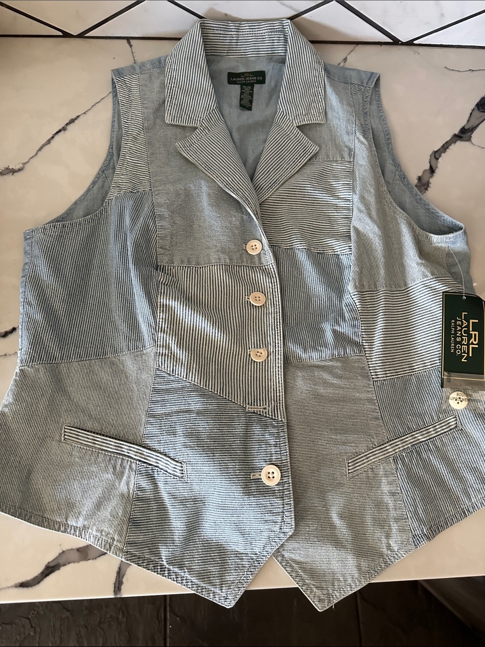 Lauren Ralph Lauren Light Blue Striped Patchwork Vest - Picture 1 of 7